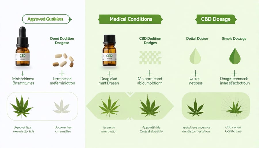 Medical diagram illustrating approved conditions for CBD treatment and dosage protocols
