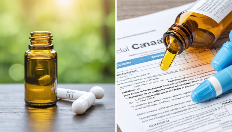 Various medical CBD products next to Canadian healthcare regulatory documentation