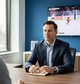 Psychiatrist meeting with a young adult patient in a Canadian clinic, with an out-of-focus hockey game on a TV and a small Canadian flag on the desk, symbolizing sports betting and mental health care.