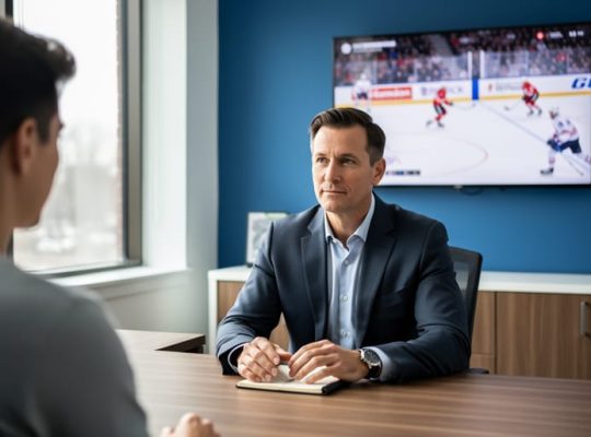 Psychiatrist meeting with a young adult patient in a Canadian clinic, with an out-of-focus hockey game on a TV and a small Canadian flag on the desk, symbolizing sports betting and mental health care.
