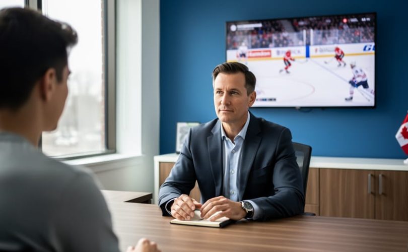 Psychiatrist meeting with a young adult patient in a Canadian clinic, with an out-of-focus hockey game on a TV and a small Canadian flag on the desk, symbolizing sports betting and mental health care.