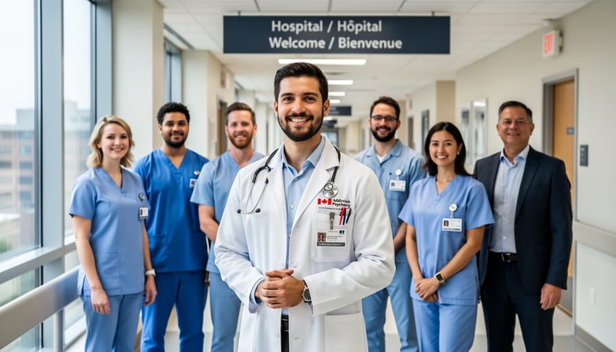 Diverse team of medical professionals collaborating in hospital setting