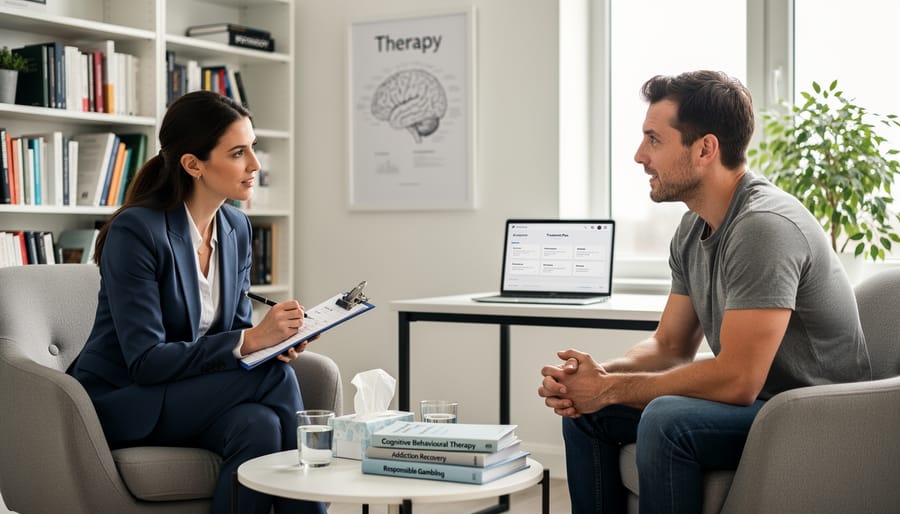Psychiatrist conducting therapy session with patient in professional office setting
