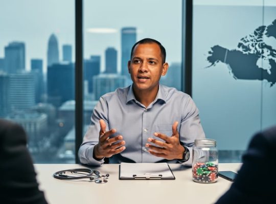 IMG public health physician at a conference table with stethoscope and glass jar of poker chips in the foreground, colleagues blurred, soft daylight, Toronto skyline visible in background.