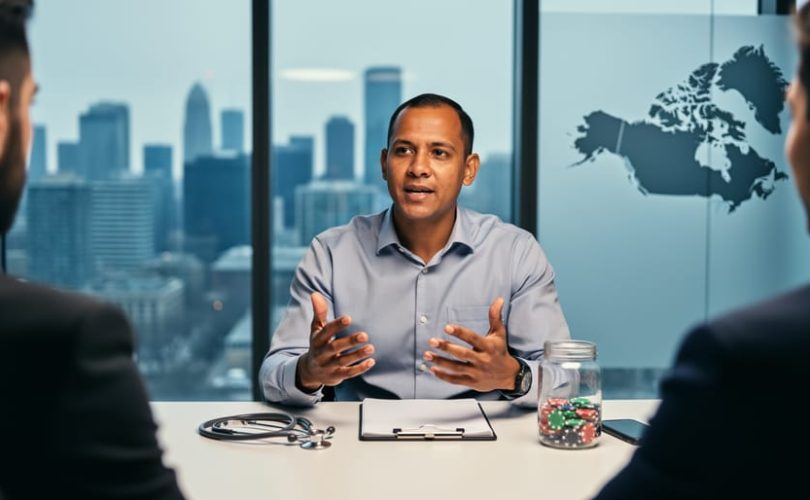 IMG public health physician at a conference table with stethoscope and glass jar of poker chips in the foreground, colleagues blurred, soft daylight, Toronto skyline visible in background.