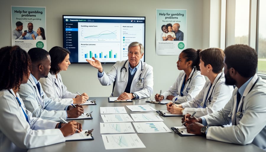 Diverse medical professionals collaborating on public health research in modern office setting