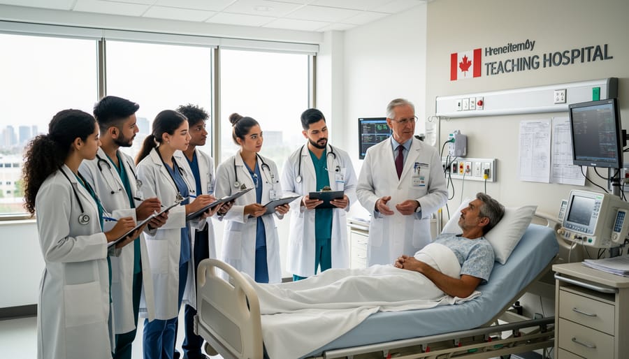 Medical resident reviewing diagnostic imaging in Canadian teaching hospital