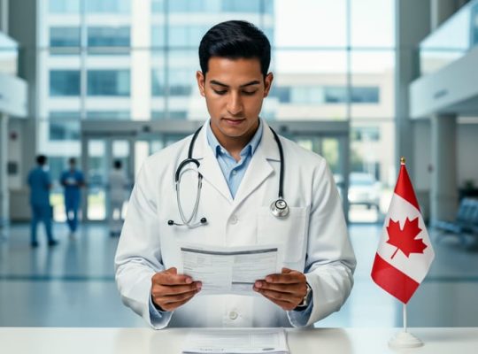 International medical graduate in a white lab coat reviewing documents with a stethoscope in a bright Canadian hospital lobby; blurred glass architecture and a small Canadian flag in the background