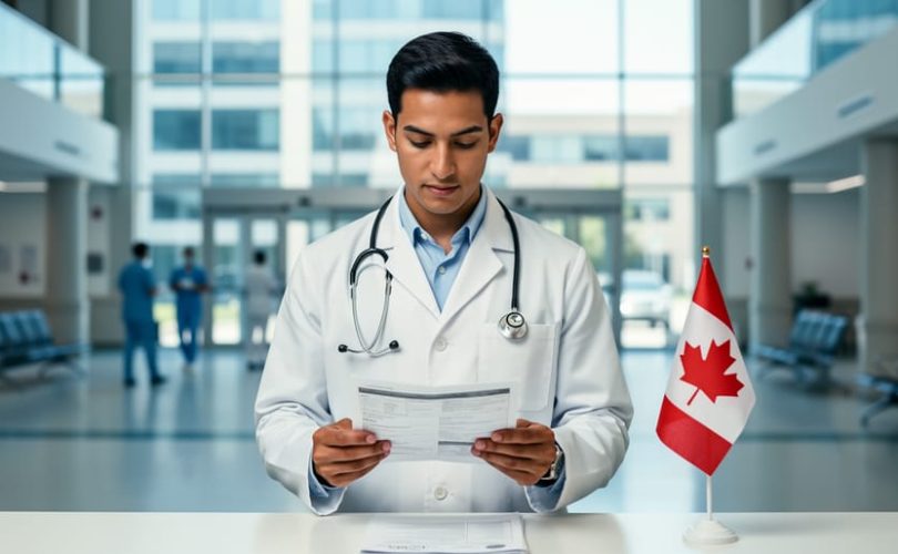 International medical graduate in a white lab coat reviewing documents with a stethoscope in a bright Canadian hospital lobby; blurred glass architecture and a small Canadian flag in the background