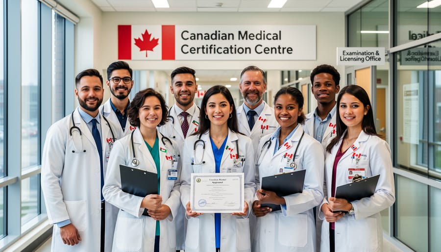 Diverse group of medical professionals in hospital setting representing international medical graduates