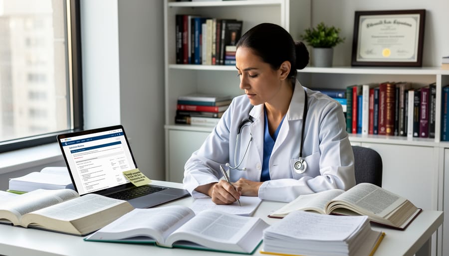 Medical professional studying for certification examinations at desk with textbooks and laptop