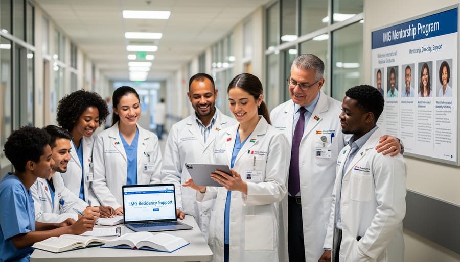 Diverse group of medical professionals collaborating in modern hospital setting
