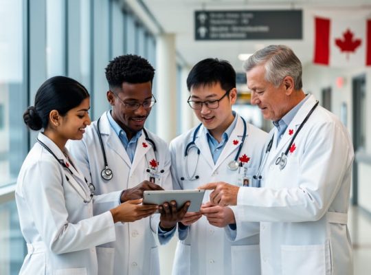 Diverse international medical graduates in white coats review residency options with a senior physician around a tablet in a bright Canadian hospital corridor, with stethoscopes visible and a softly blurred Canadian flag in the background.