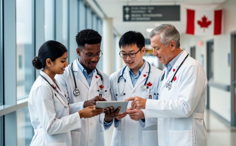 Diverse international medical graduates in white coats review residency options with a senior physician around a tablet in a bright Canadian hospital corridor, with stethoscopes visible and a softly blurred Canadian flag in the background.