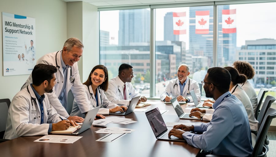 Senior doctor mentoring international medical graduate in hospital setting