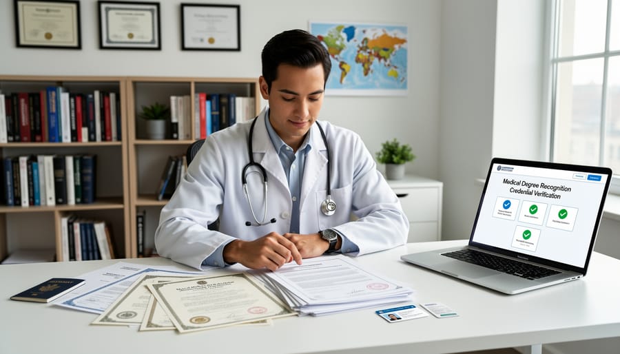 Medical professional holding credentials folder with Canadian flag and stethoscope