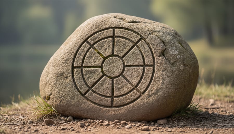 A Medicine Wheel carved in stone within a natural landscape during golden hour lighting.