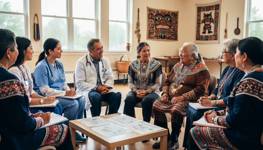 An Elder and a clinician conversing outdoors at a community setting with trees in the background.