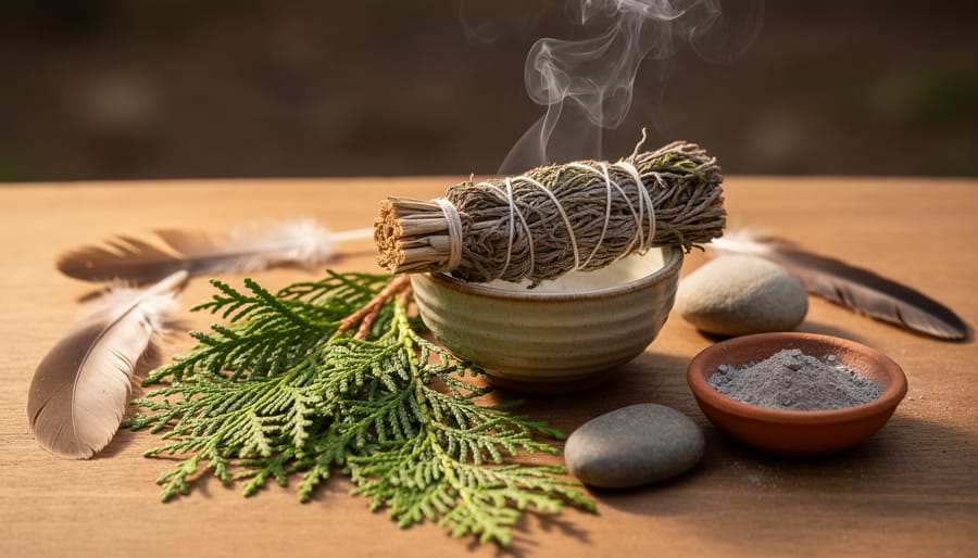 Close-up of a cedar smudging bundle and woven cloth with a small ember glow in a calm indoor setting.