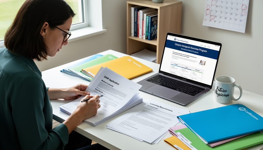 Hands reviewing immigration and medical career documents at a desk with a laptop in the background