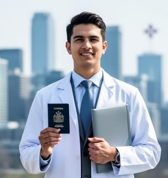 International medical graduate in a white lab coat holding Canadian passport and medical documents in front of a blurred Ontario skyline.