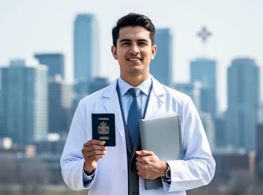 International medical graduate in a white lab coat holding Canadian passport and medical documents in front of a blurred Ontario skyline.