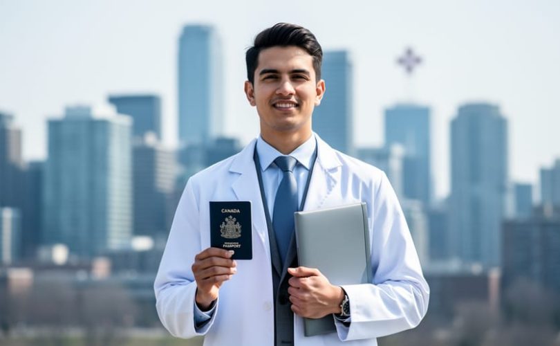 International medical graduate in a white lab coat holding Canadian passport and medical documents in front of a blurred Ontario skyline.
