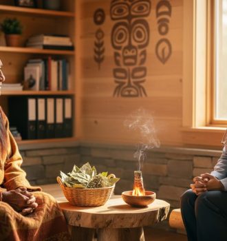 An Indigenous Elder and an international medical graduate converse in a warm wellness space, with traditional medicinal leaves and a softly lit smudge bowl placed between them.