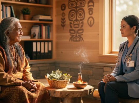 An Indigenous Elder and an international medical graduate converse in a warm wellness space, with traditional medicinal leaves and a softly lit smudge bowl placed between them.