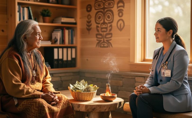 An Indigenous Elder and an international medical graduate converse in a warm wellness space, with traditional medicinal leaves and a softly lit smudge bowl placed between them.