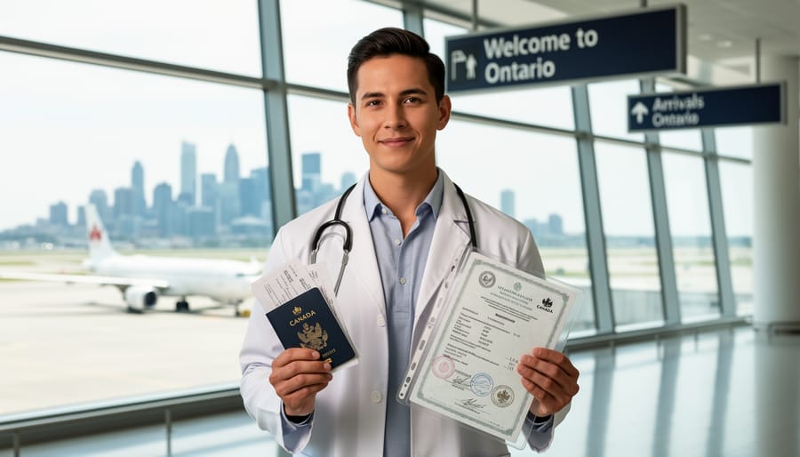 International medical professional in a lab coat holding a Canadian passport and organized credential folder