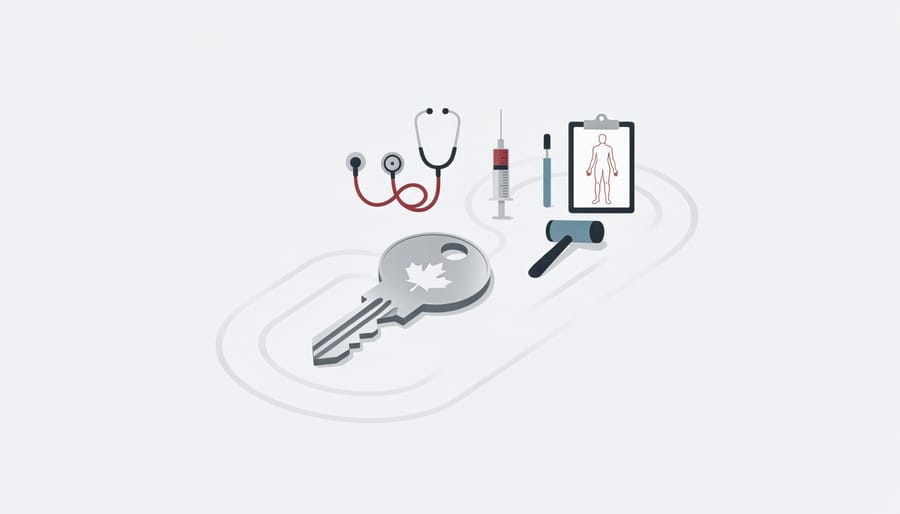 Keys on a lanyard beside a stethoscope on a clean desk