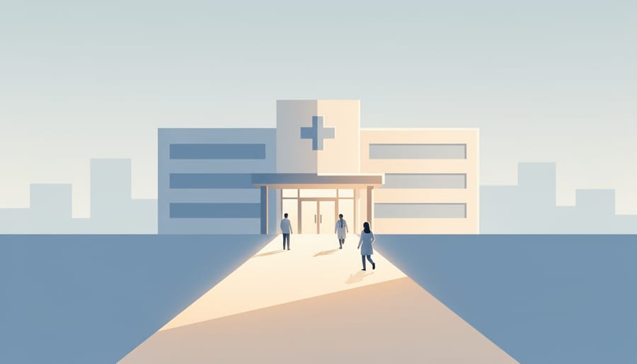 Silhouetted figure walking toward a brightly lit hospital entrance