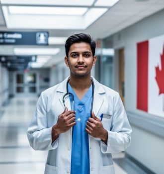 An international medical graduate wearing a white lab coat walks down a bright hospital corridor in Canada, holding a stethoscope, with a clean modern clinical setting in the background.