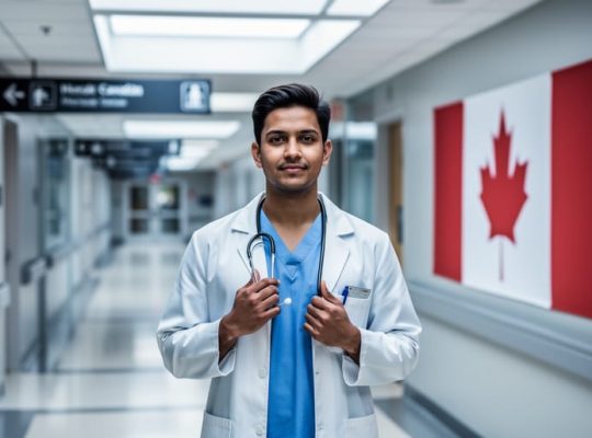 An international medical graduate wearing a white lab coat walks down a bright hospital corridor in Canada, holding a stethoscope, with a clean modern clinical setting in the background.