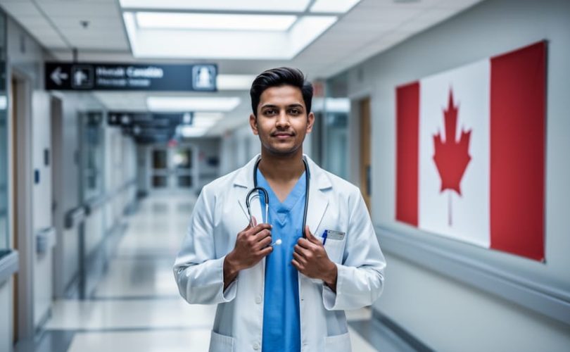 An international medical graduate wearing a white lab coat walks down a bright hospital corridor in Canada, holding a stethoscope, with a clean modern clinical setting in the background.