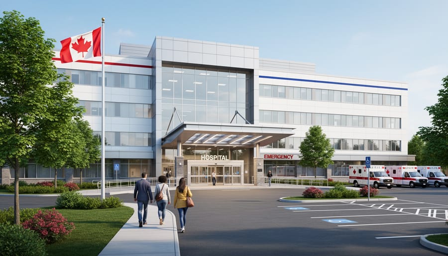 Modern Canadian hospital exterior with glass facade and flagpole in front