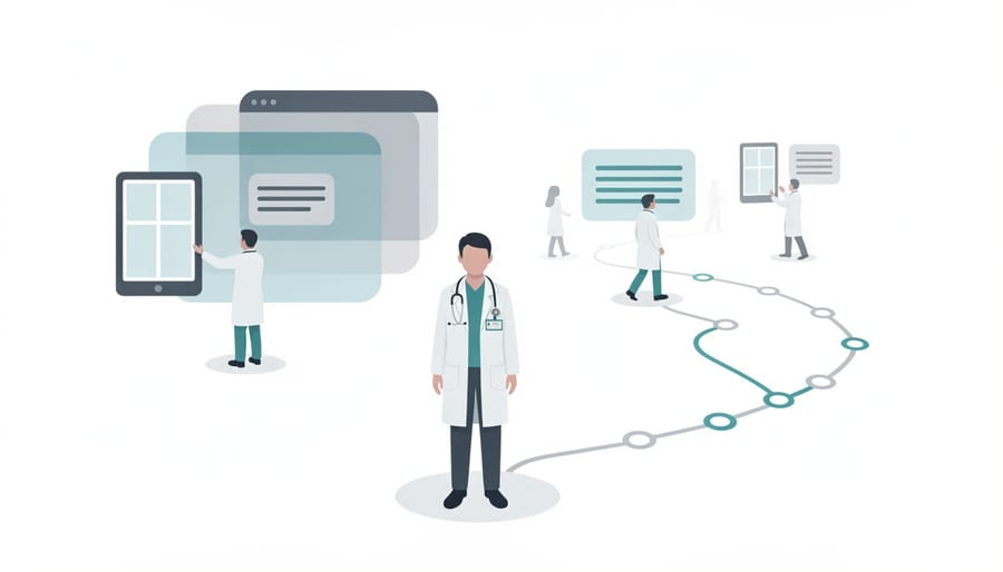 Clinician in a hospital hallway holding a tablet with no visible screen text