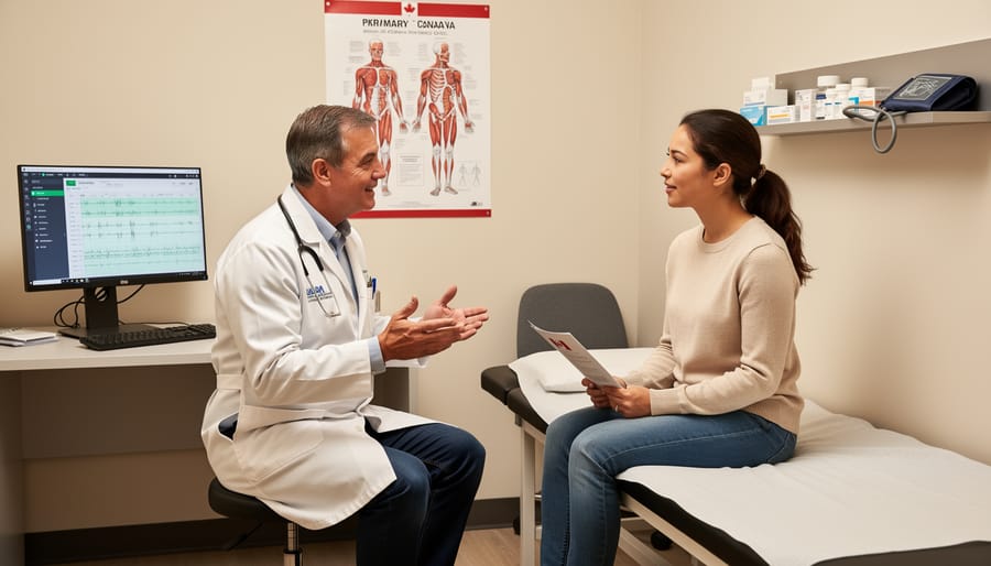 Diverse patient and clinician seated together in a consultation room during a medical visit