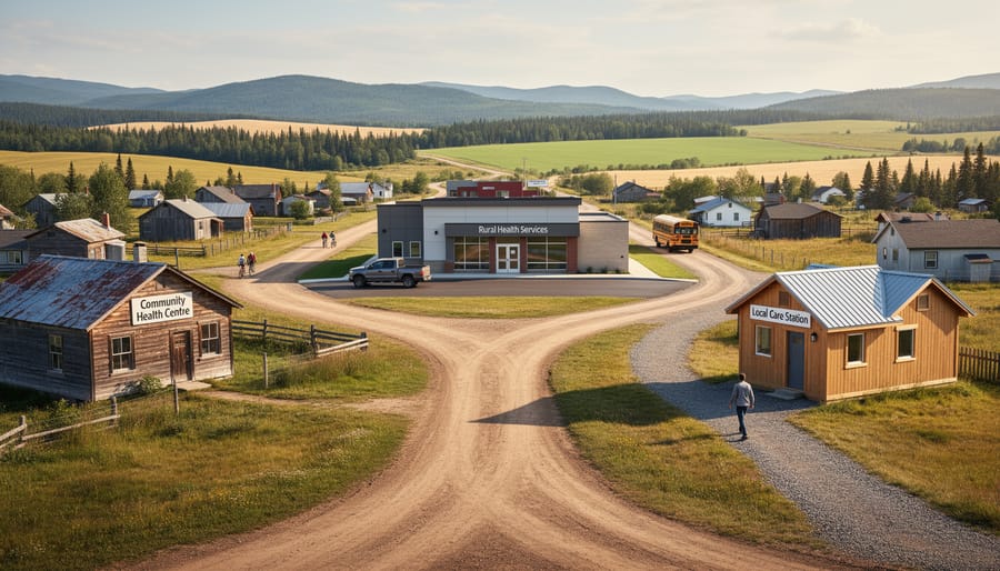 Rural clinic exterior at golden hour with surrounding landscape
