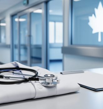 Stethoscope and lab coat in a modern hospital corridor, symbolizing Canada’s healthcare system and the international medical graduate experience.