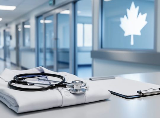 Stethoscope and lab coat in a modern hospital corridor, symbolizing Canada’s healthcare system and the international medical graduate experience.