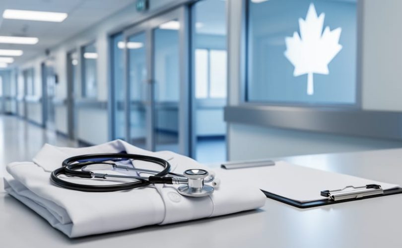 Stethoscope and lab coat in a modern hospital corridor, symbolizing Canada’s healthcare system and the international medical graduate experience.