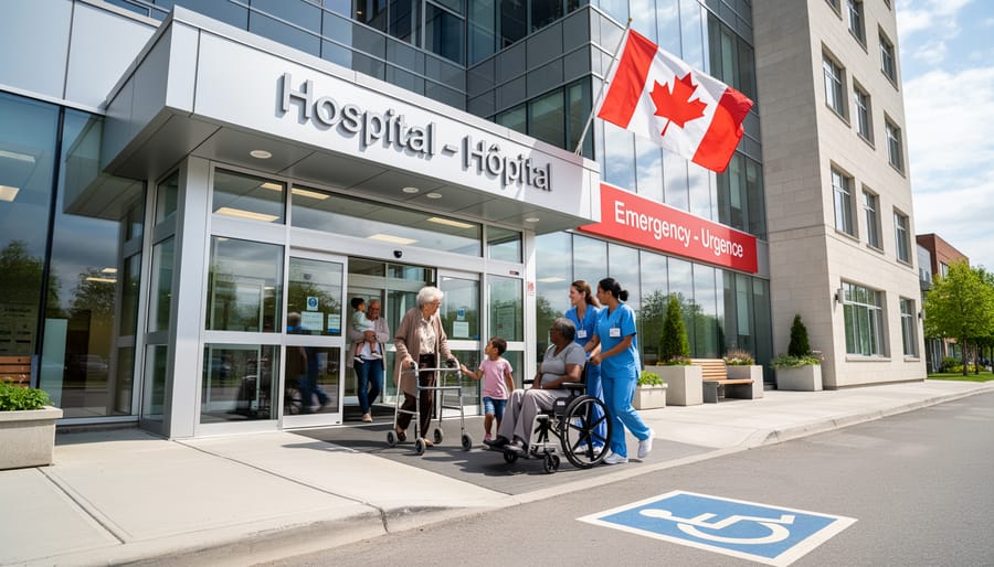 Exterior view of a Canadian hospital entrance with visitors walking toward the doors
