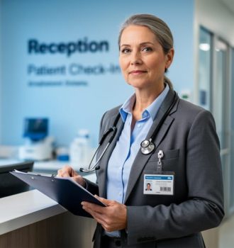 International medical graduate in a Canadian clinic holding a stethoscope and folder, representing a career change into healthcare.