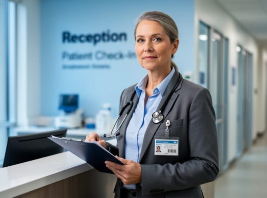 International medical graduate in a Canadian clinic holding a stethoscope and folder, representing a career change into healthcare.