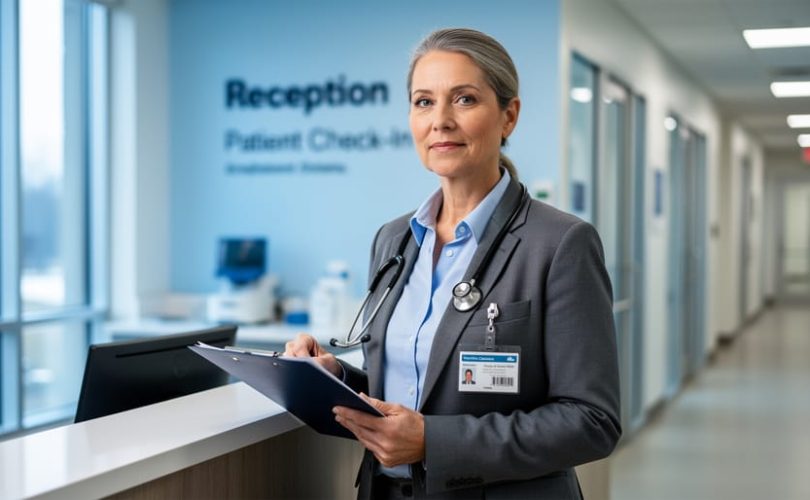 International medical graduate in a Canadian clinic holding a stethoscope and folder, representing a career change into healthcare.