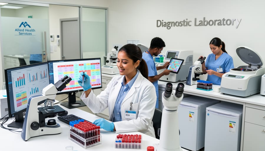 Laboratory technologist handling blood sample tubes in a diagnostic lab
