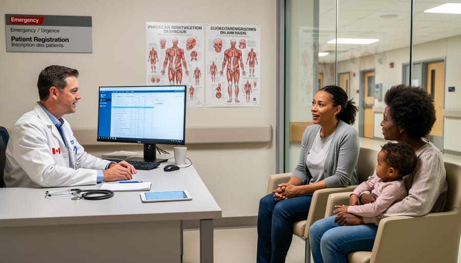 Doctor speaking with a patient in a clinic while holding a tablet