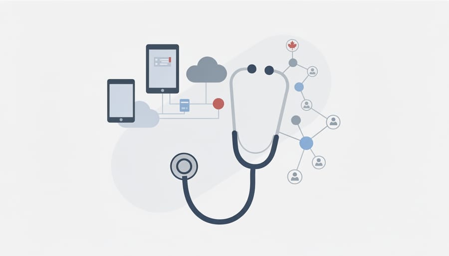 Stethoscope on top of an open medical folder next to a laptop with a blank screen